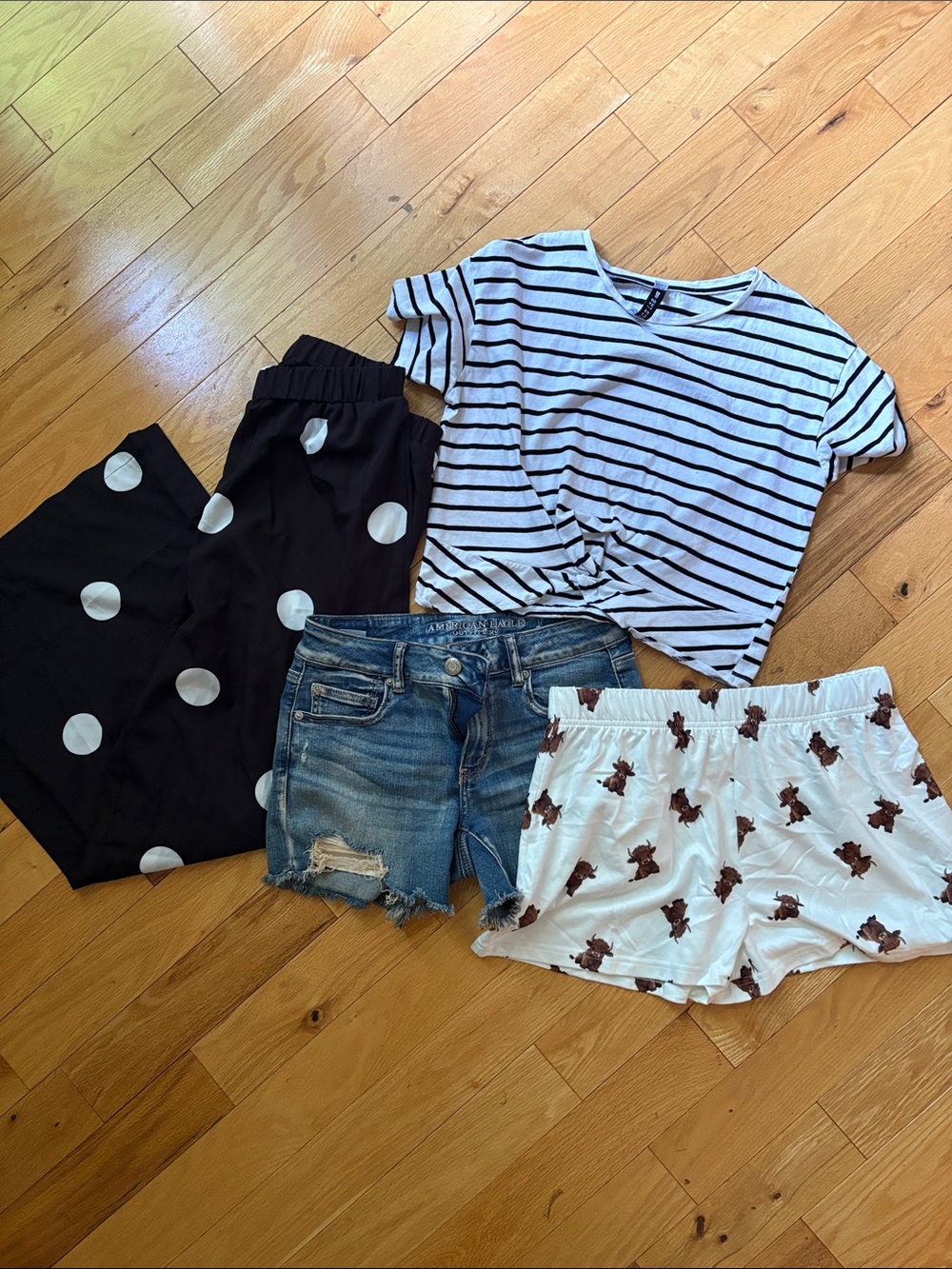 Striped Tee with Mixed Casual Bottoms - Navy, White, Black, Denim bundle size 6